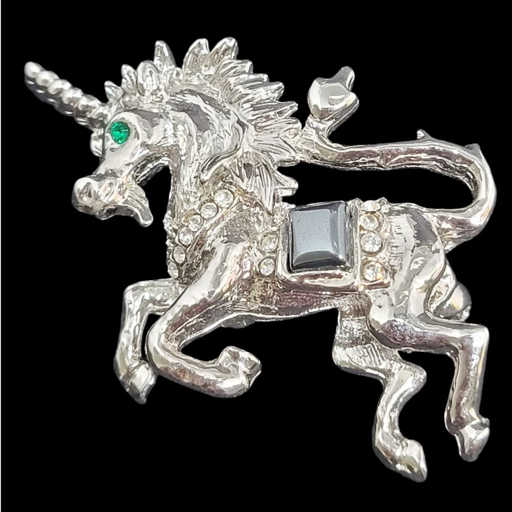 Vintage Unicorn Rhinestone Brooch Silver Fairycore Witchy Statement Jewelry